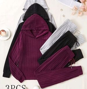 Women's Ribbed Hoodie and Jogger Set - Black, Gray, Purple